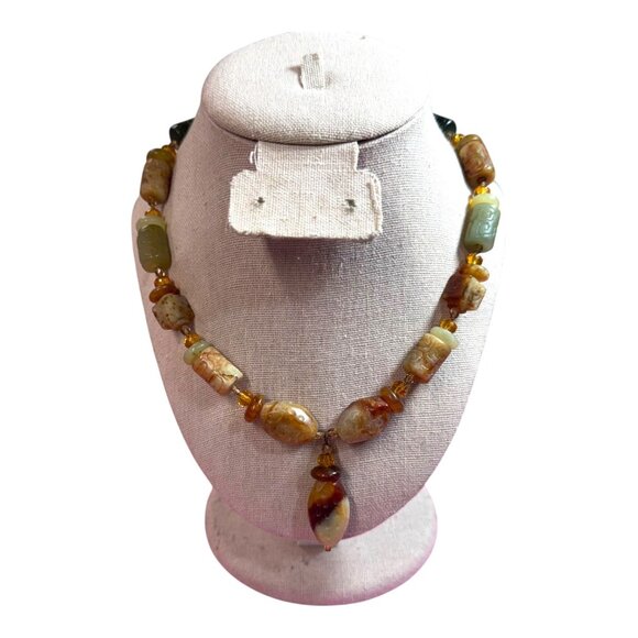 Vintage Carved Carnelian Jade Beaded Necklace Stone Beads Y Drop 18" Gemstone - Picture 2 of 9